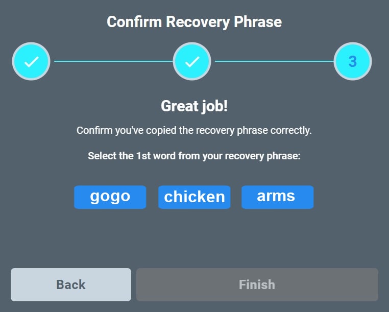 gala wallet setup confirm recovery phrase