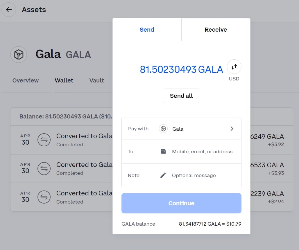 send from coinbase to gala wallet