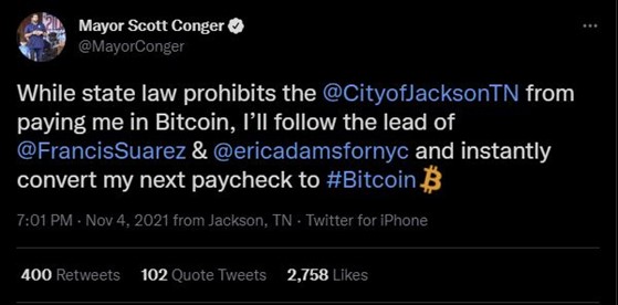 mayor scott conger bitcoin paycheck