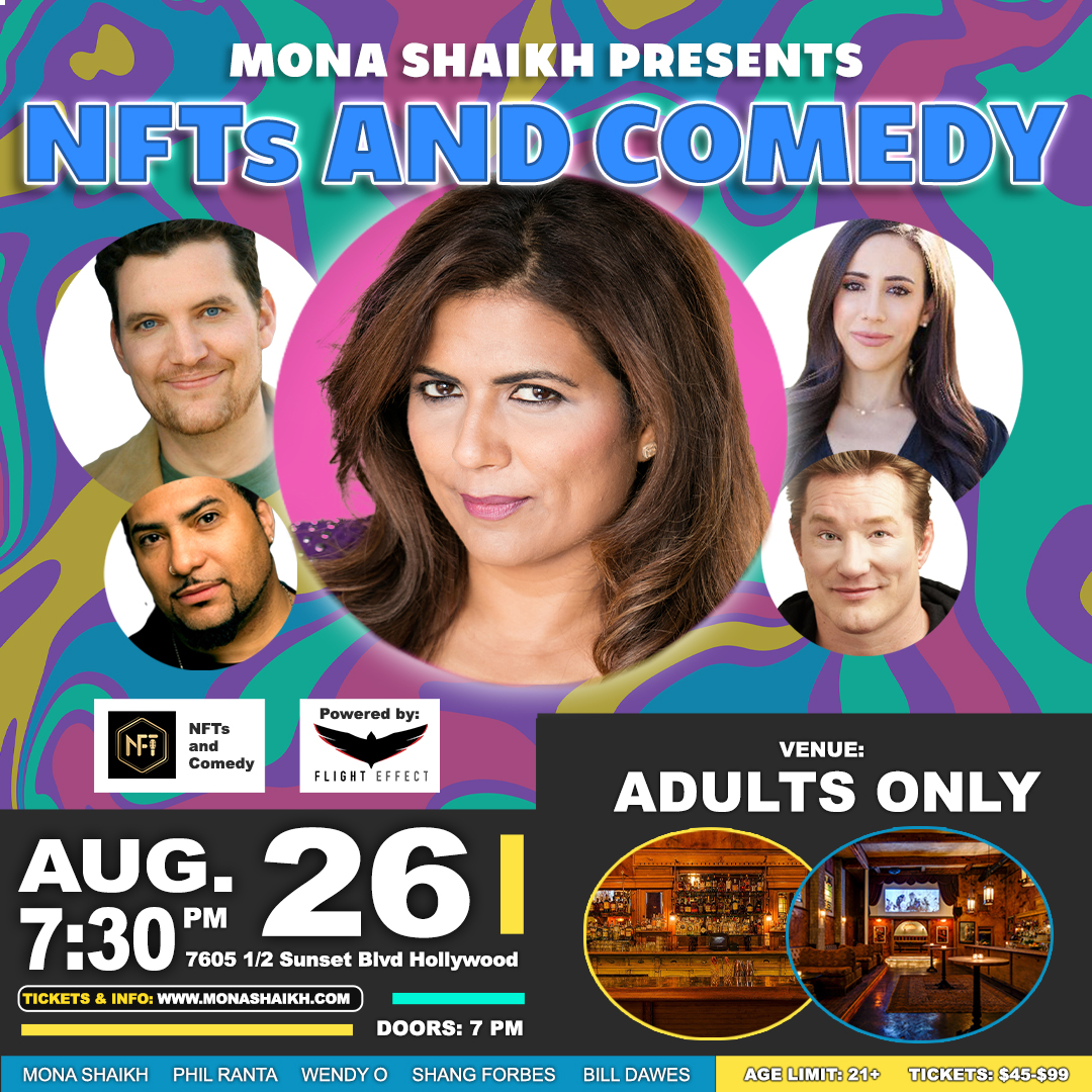 mona shaikh nfts and comedy event flyer IG